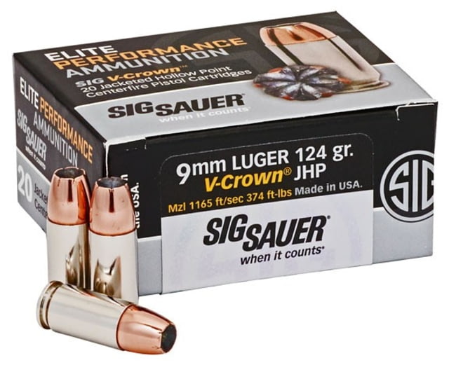  SAUER Elite V-Crown 9mm Luger 124 Grain Jacketed Hollow Point Brass Cased Centerfire Pistol 20 Rounds E9 MmA2-20 Ammo