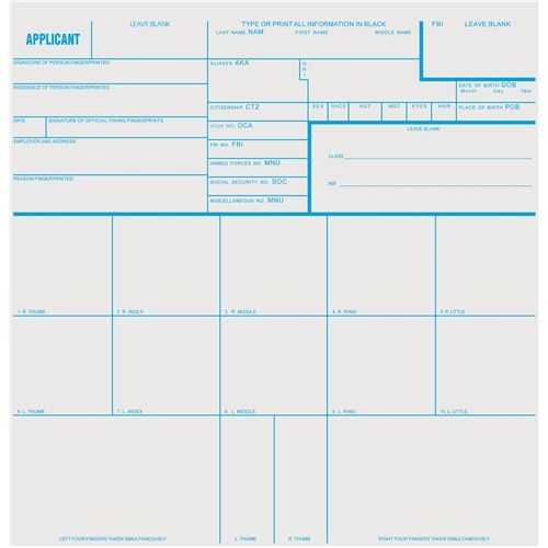 Sirchie - Applicant Record Cards Standard 8inch X 8 100 Ea