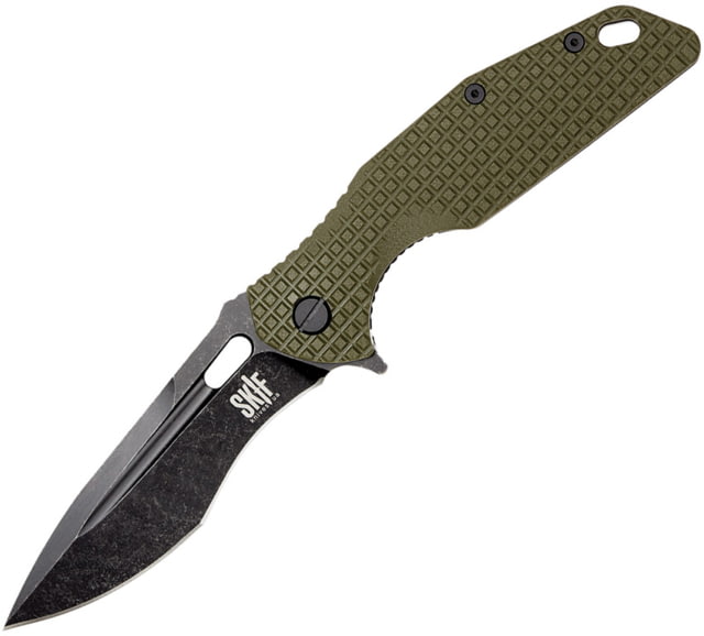 SKIF Knives Defender BSW Olive Folding Knife 5in Closed 3.75in Black Stonewash Finish 9Cr18MoV Blade OD Green Textured G10 Handle - Skif Knives