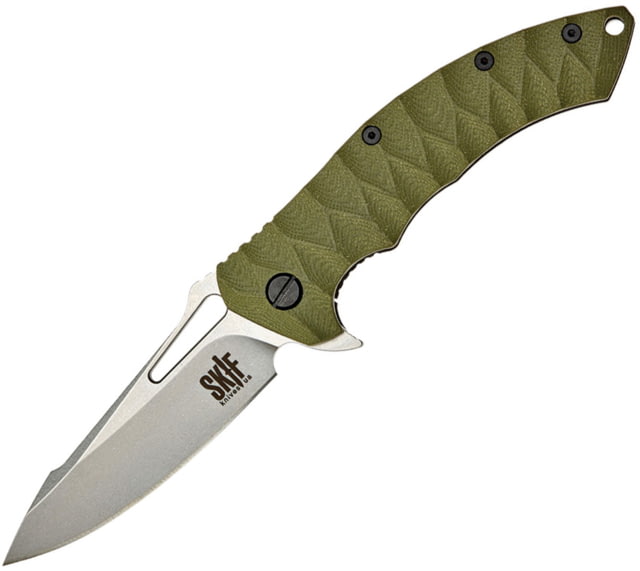 SKIF Knives Shark SW Olive Folding Knife 5in Closed 3.75in Stonewash Finish 9Cr18MoV Blade OD Green Sculpted G10 Handle - Skif Knives