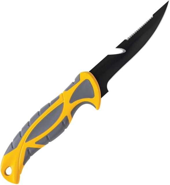 Smith's Sharpeners Bait Breaker Fixed Blade Knife 9.5in Overall 4in Black Coated 420 SS Blade Gray And Yellow Tpe Handle Sawback Blade Features Line - Smiths