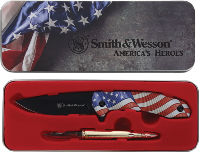 Smith & Wesson America Hero Combo 4.25in Closed w/ 3.25in Black SS Blade 3.25in Closed Folder w/ 1.5in Blade American Flag Synthetic Handle - Smith & Wesson