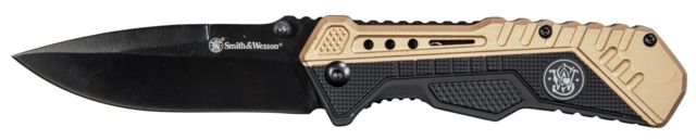 Smith & Wesson Assisted Folding Knife 3.5in Black Plain Blade Rubberized Aluminum Handles Brown/Black - Smith and Wesson