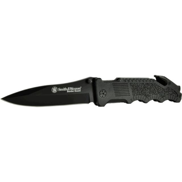 Smith & Wesson Border Guard 2 W/black Coated Stainless Steel Drop Point Blade & Black Coated Aluminum Handle W/trac Tec Insert Glass Break Seatbelt - Smith & Wesson