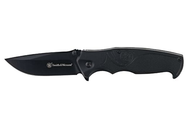 Smith & Wesson EDC Folding Knife & Logo Playing Cards 3.25in Stainless Steel Blade Black Aluminum Handle - Smith & Wesson