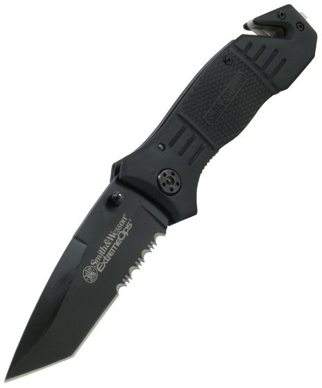 Smith & Wesson Extreme Ops Folding Knife 3.3 in Stainless Steel Black Tanto ComboEdge Blade Black Rubber Coated Aluminum Black Handle 3092