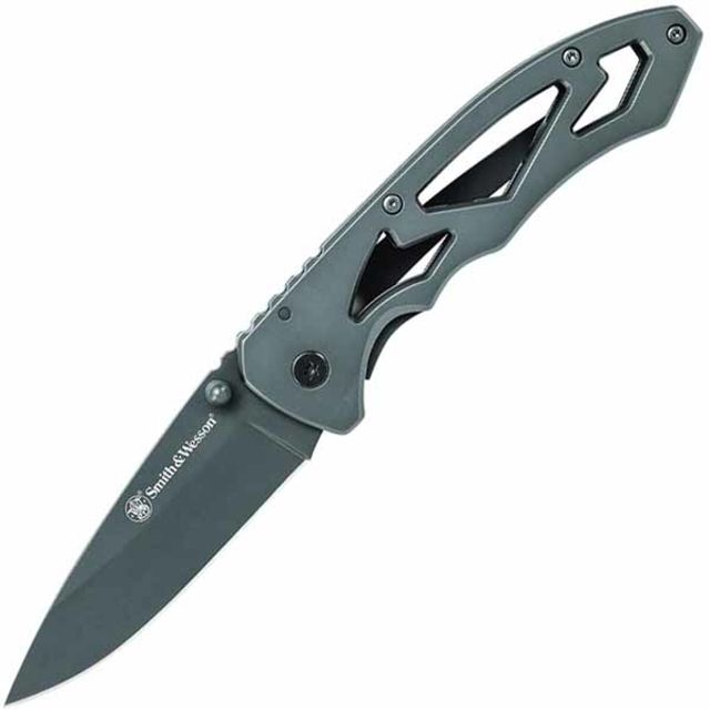 Smith & Wesson Large Folding Knife3in Gray Drop Point Plain7Cr17MoV High Carbon Stainless SteelGray Skeleton Handle - Smith & Wesson