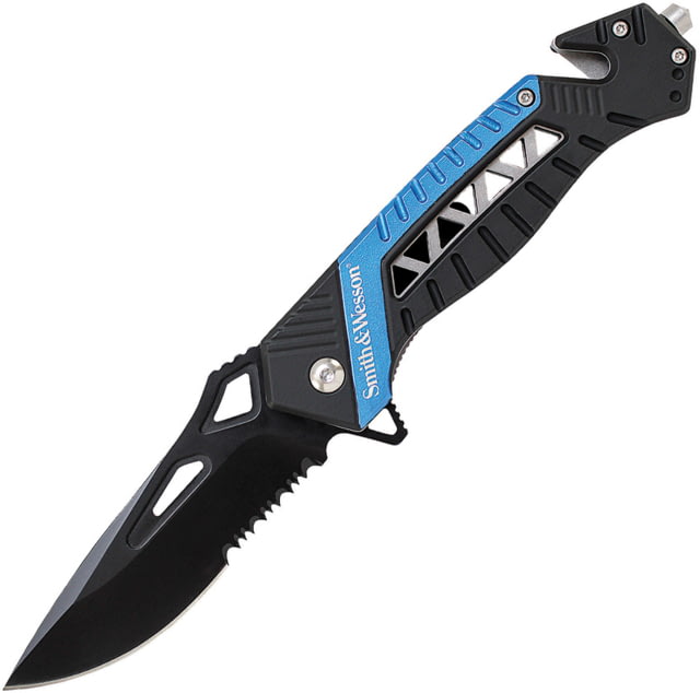 Smith & Wesson Linerlock Folder Folding Knife 3.5 in 8Cr13MoV Steel Partially Serrated Drop Point Aluminum Handle Black and Blue