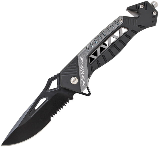 Smith & Wesson Linerlock Folding Knife 3.44 in Partially Serrated 8Cr13MoV Stainless Steel Drop Point Blade Aluminum Black Handle