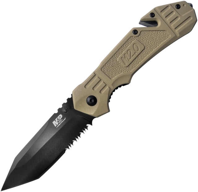 Smith & Wesson Smith & Wesson M&P Linerlock A/O Folding Knife 4.63in Closed 3.25in Black Partially Serrated SS Tanto Blade Tan Rubberized Aluminum Handle Belt/Cord - $44.89 at Optics Planet