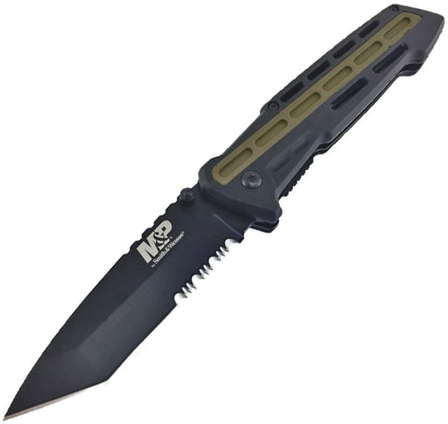 Smith & Wesson M&P Linerlock Folding Knife 4.5in Closed 3.5in Black Partially Serrated SS Tanto Blade Black Rubber Handle With Green Nylon Inlay Thumb