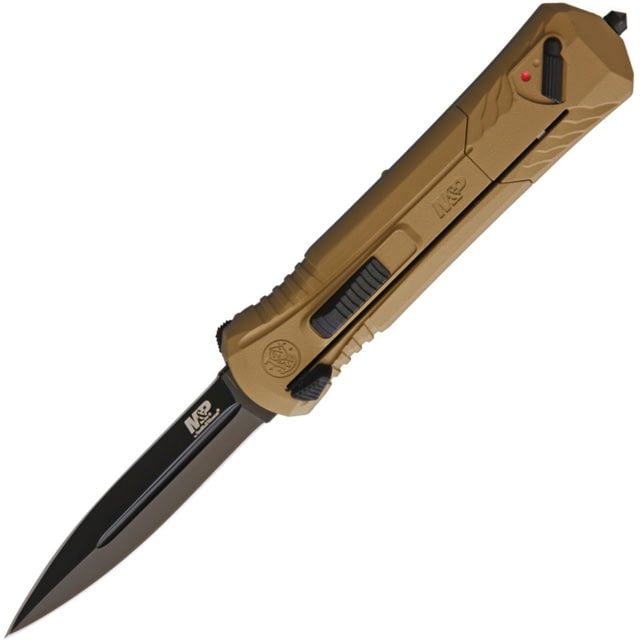 Smith & Wesson Smith & Wesson Out The Front A/O Folding Knife 5.25in Closed 3.25in Black Oxide Coated Double Edge Aus-8 SS Blade Tan Aluminum Handle - $74.79 at Optics Planet