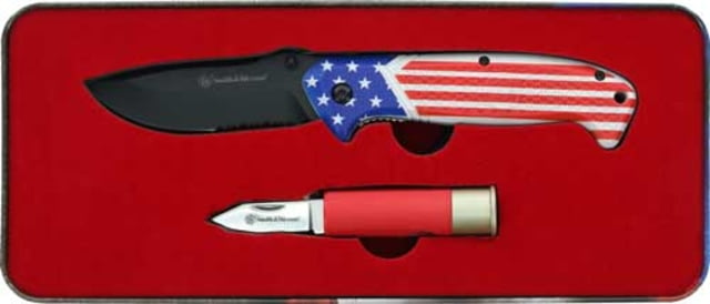 Smith & Wesson America's Heroes & Shotshell Knife Set w/Tin 3.25in/2in Stainless Steel Folding Blade Red/White/Blue Polymer Handle - Smith & Wesson