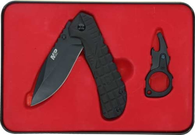 Smith & Wesson Folding Knife w/Bottle Opener & Gift Tin 3in Stainless Steel Folding Knife Black Matte Rubber Overmolded Handle - Smith & Wesson