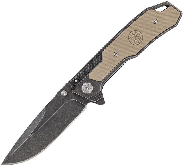 Smith & Wesson Linerlock Folding Knife3.55in8Cr13MoV SteelDrop PointStonewashBrownG10 Handle - Smith & Wesson