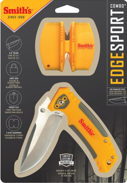 Smiths EdgeSport Folding Knife 3.3in 420 Stainless Steel Satin Drop Point Blade CCKS 2-Step Knife Sharpener Orange/Gray