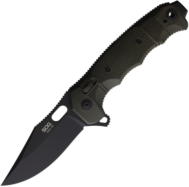 SOG Specialty Knives & Tools SEAL XR Folding Knife 5.25in Closed 4in Black Cerakote S35VN Stainless Clip Point Blade OD Green GRN Handle - Sog Specialty Knives & Tools