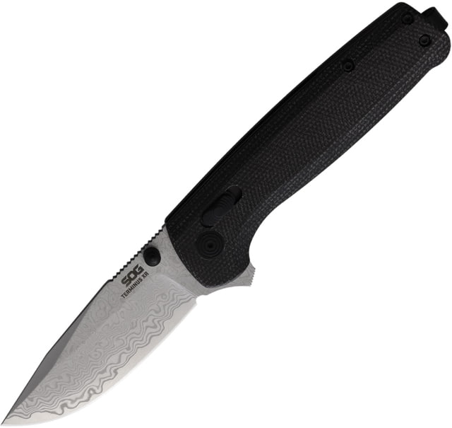 SOG Specialty Knives & Tools Terminus XR-Lock Damascus Folding Knife 4.25in Closed 3in Damascus Steel Blade Black Carbon Fiber/G10 Handle - Sog Specialty Knives & Tools