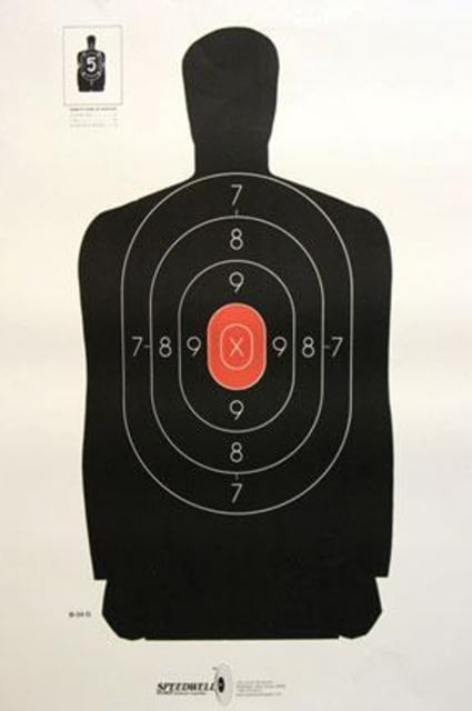 Speedwell Targets Official NRA Police Qualification Silhouette 25 yd. Police Silhouette Reduced - Red Center Pack of 100 Targets B 34 - Speedwell Targets