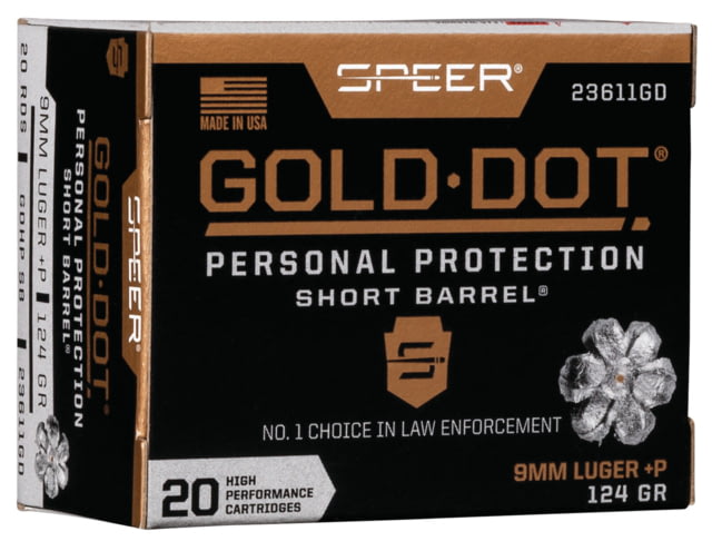 Speer Gold Dot 9 mm +P 124 Grain Gold Dot Hollow Point Short Barrel Centerfire Pistol Ammo 20 Rounds