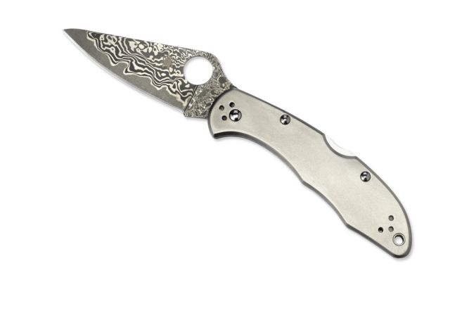 Spyderco Delica 4 Folding Knife 2.88in Damascus Plain Edge Leaf Blade Titanium Handle