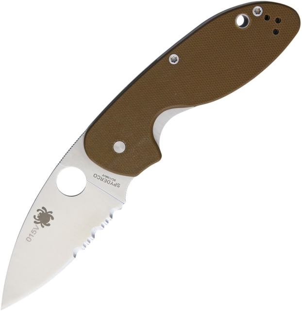 Spyderco Efficient Linerlock Folding Knife 4in Closed 3in Satin Partially Serrated 8Cr13Mov SS Leaf Shaped Blade Brown G10 Handle Thumb Pull Pocket - Spyderco