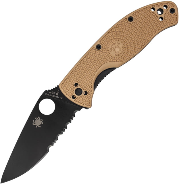 Spyderco Tenacious Linerlock Tan Folding Knife 3.5" black coated partially serrated 8Cr13MoV stai Tan bi-directional texture FRN handle - Spyderco
