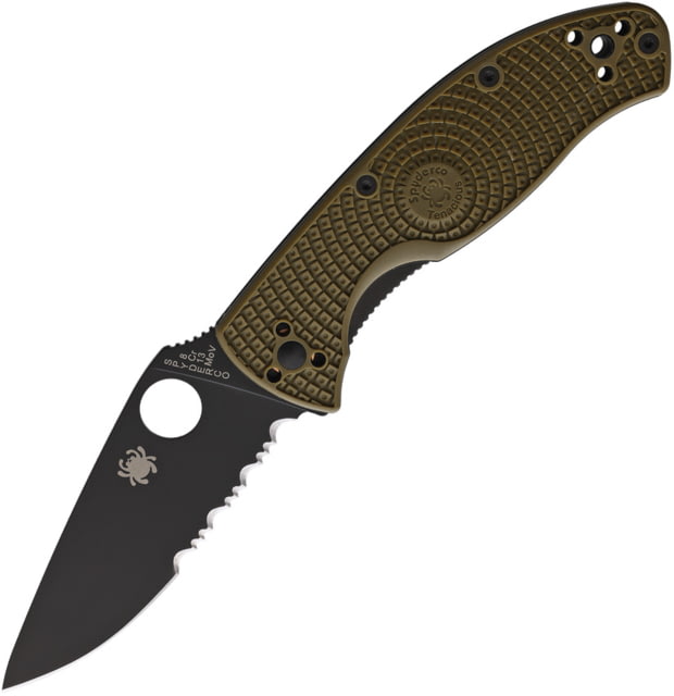 Spyderco Tenacious LWT Linerlock Folding Knife 3.38in black finish partially serrated 8Cr13MoV stainless blade OD green bi-directional texture FRN - Spyderco