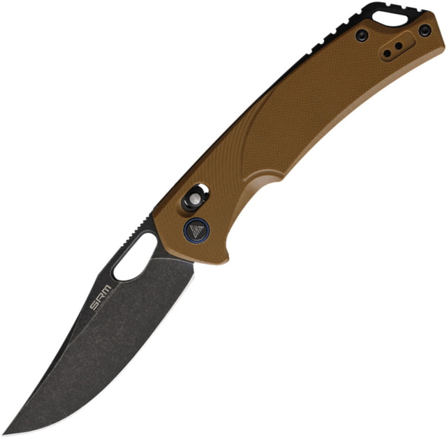 SRM Knives  Ambi Lock Folding Knife 3.5" black stonewash finish D2 tool steel blade Brown G10 handle - Srm Knives