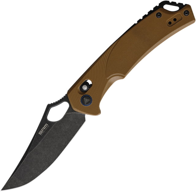 SRM Knives  Ambi Lock Folding Knife 3.5" black stonewash finish D2 tool steel blade Brown G10 handle - Srm Knives