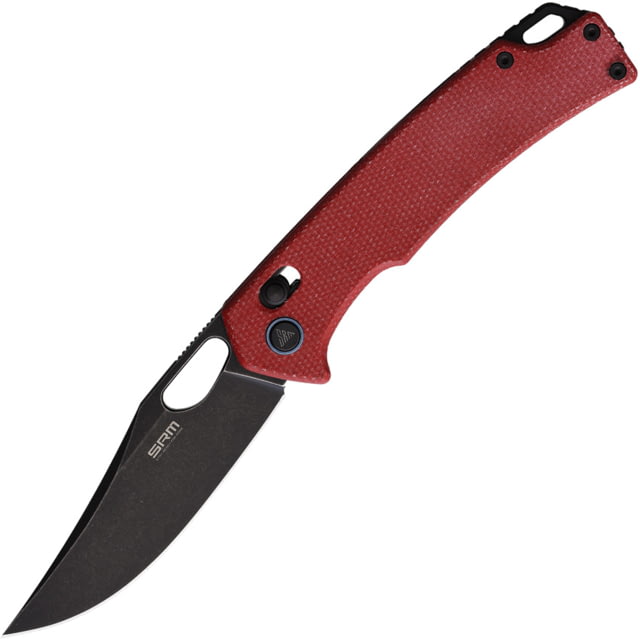 SRM Knives  Red Micarta Folding Knife 4.5in Closed 3.5in Black Stonewash 10Cr15CoMoV Stainless Clip Point Blade Red Canvas Micarta Handle - Srm Knives