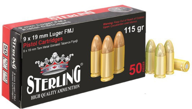 Sterling 9mm Luger 115 Grain Full Metal Jacket FMJ Brass Cased Pistol Ammo 50 Rounds - Sterling