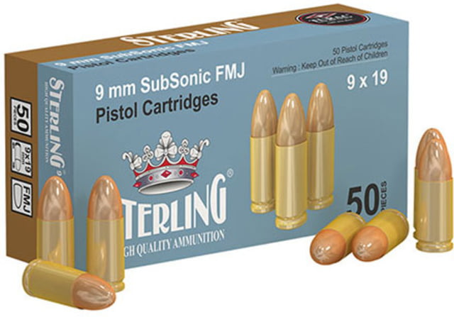 rling 9mm Luger 147 Grain Subsonic Full Metal Jacket FMJ Brass Cased Pistol 50 Rounds Ammo