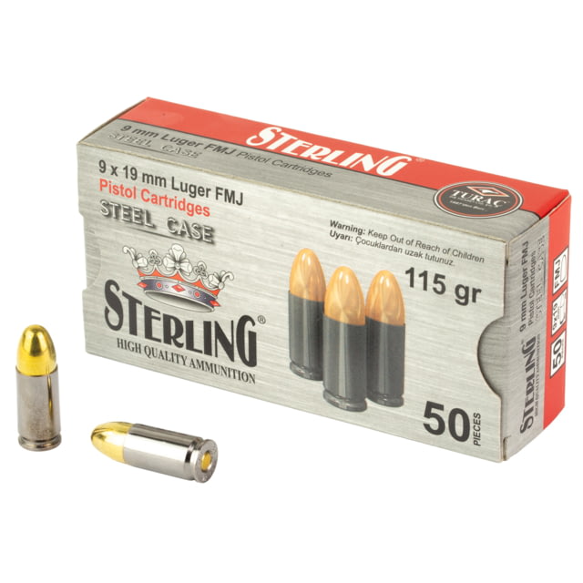 Sterling Steel Case 9mm Luger 115 Grain Full Metal Jacket Pistol Ammo 50 Rounds rling Steel Case 9mm Luger 115 Grain Full Metal Jacket Pistol 50 Rounds Ammo