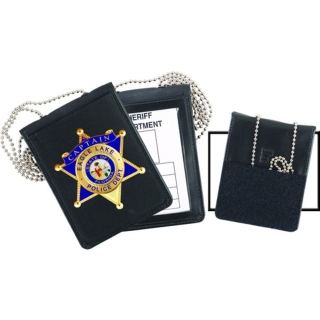 Strong Leather Recessed Velcro Badge And Id Holder With Chain