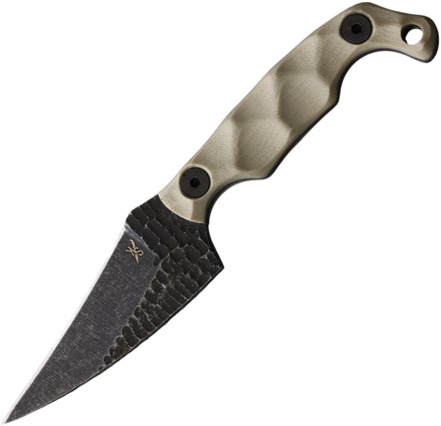 Stroup Knives Mini Mod 2 Tan Fixed Blade Knife 6.75in Overall 3in Black Stonewash Finish 1095HC Steel Blade Tan Sculpted G10 Handle Kydex Sheath