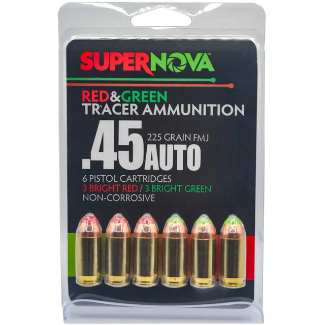 Supernova Tracer 45 Auto 225 grain Full Metal Jacket Brass Cased Pistol Ammo Green/Red Tracer 6 Rounds 1103120