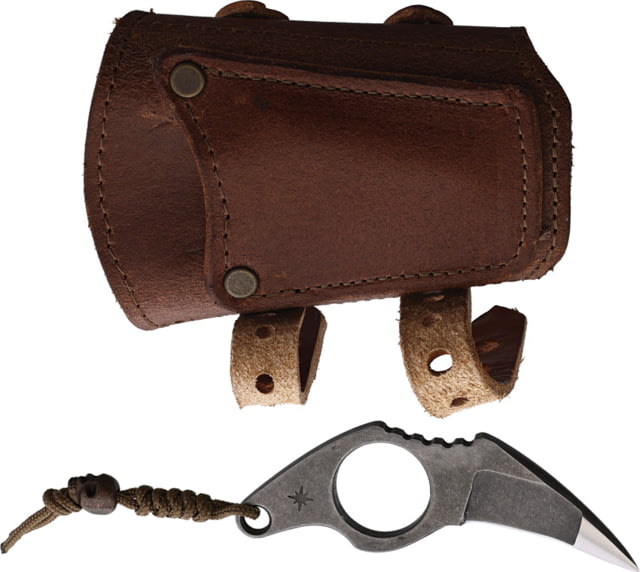 Survival Cuffs Raptor Hawk Survival Cuff Knife w/ Dark Brown Leather Sheath 3.75in Overall 1.75in Tumbled AEB-H Stainless Blade Stainless Steel Handle - Survival Cuffs