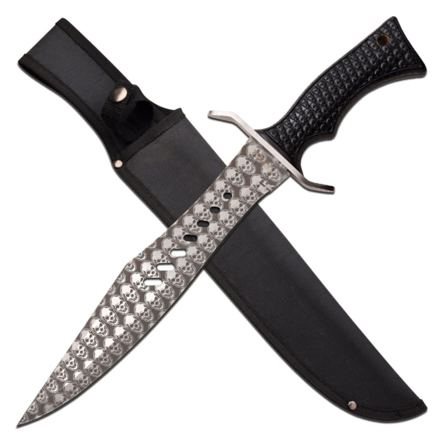Survivor Bowie Fixed Blade Knives w/Etched Skull Pattern Blade 11.75 in 3Cr13 Stainless Steel Black - Survivor