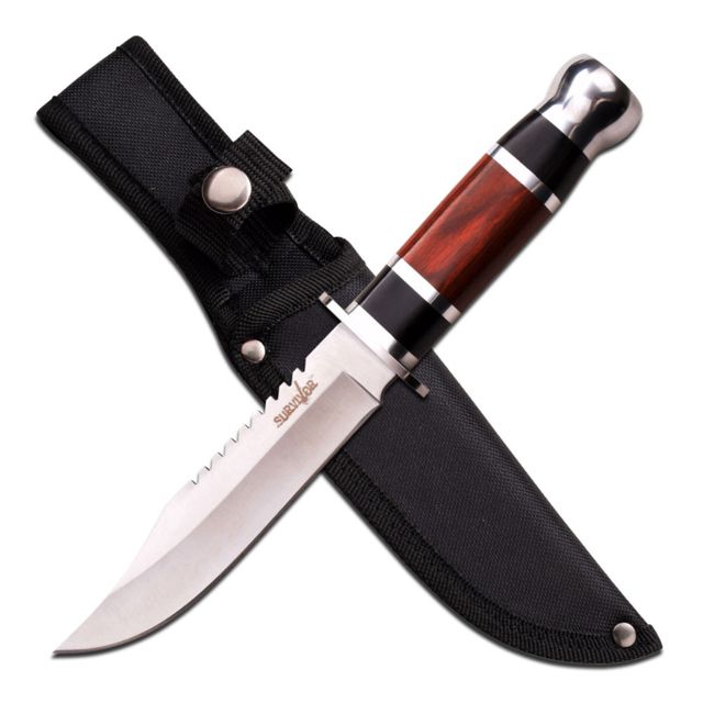 Survivor Fixed Blade 10.5in Stainless Steel Blade Black And Brown Color Wood Handle - Survivor