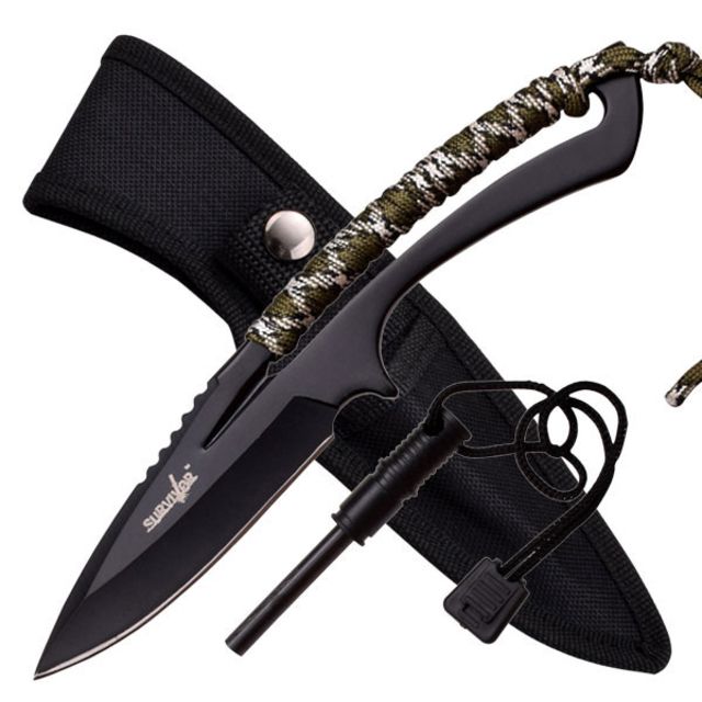 Survivor Fixed Blade 8in Stainless Steel Blade Full Tang Outdoor Camo Cord Wrapped Handle - Survivor