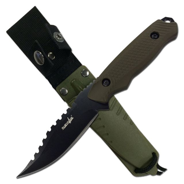 Survivor Fixed Blade 8in Stainless Steel Blade Green Rubberized Nylon Fiber Handle - Survivor
