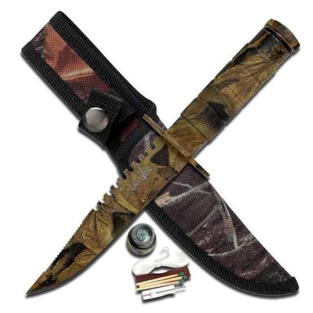 Survivor Fixed Blade Knives w/Compass and Survival Kit 4.25 in 3Cr13 Stainless Steel Bowie Camo - Survivor
