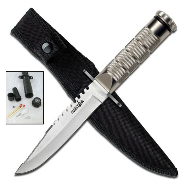 Survivor Fixed Blade Knives w/Compass and Survival Kit 4.75 in 3Cr13 Stainless Steel Bowie Silver - Survivor