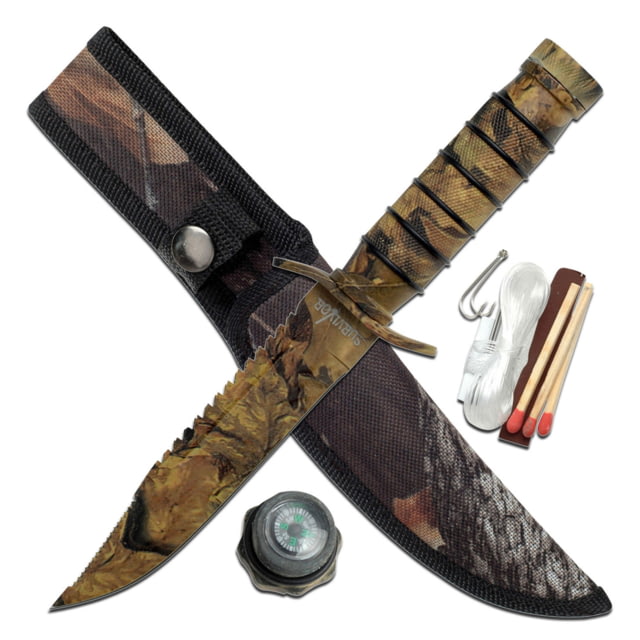 Survivor Fixed Blade Knives w/Compass and Survival Kit 5 in 3Cr13 Stainless Steel Bowie Camo - Survivor