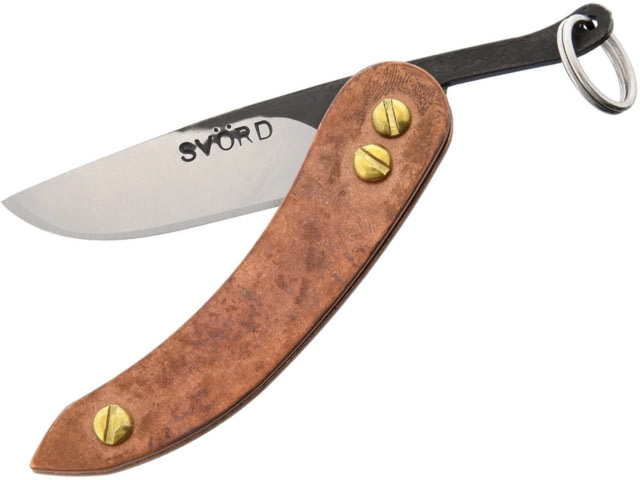 Svord Peasant Micro Folding Knife Peasant Micro 4in Closed 2in Two-Tone Finish Carbon Steel Drop Point Copper Handle Keyring Brown Leather Pouch - Svord