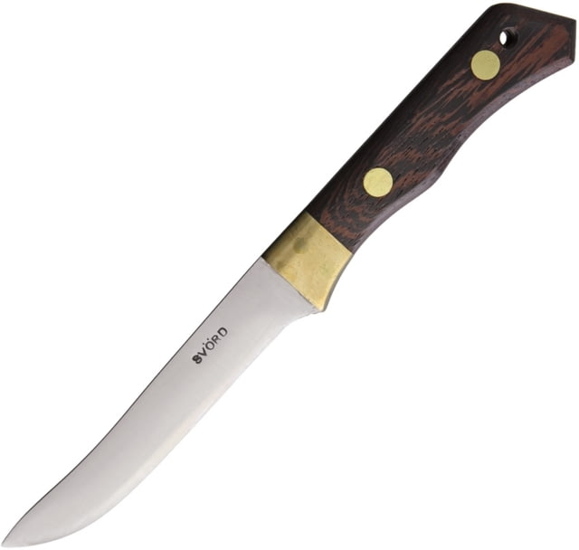 Svord Utility General Purpose Knife 9.25in Overall 4.63in Satin 15N20 Steel Blade Brown Wood Handle Brass Guard Black Leather Sheath - Svord
