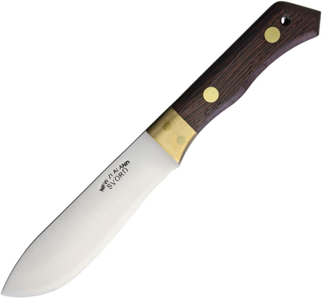 Svord Utility Skinner Knife 9.25in Overall 5in Satin 15N20 Steel Blade Brown Wood Handle Brass Guard Black Leather Sheath - Svord