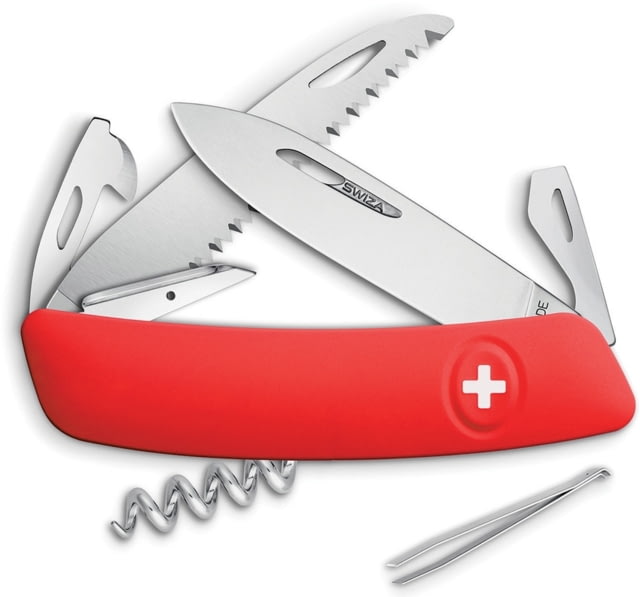 Swiza D05 Swiss Button Lock Folding Knife D05 Swiss Button Lock 3.75in Closed 2.75in Mirror 440 SS Blade Red Rubberized Handle Thumb Pull