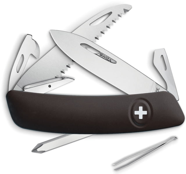 Swiza D06 Swiss Button Lock Folding Knife D06 Swiss Button Lock 3.75in Closed 2.75in Mirror 440 SS Blade Black Rubberized Handle Thumb Pull